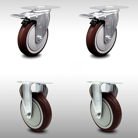 Service Caster 5 Inch SS Maroon Polyurethane Top Plate Caster Lock Brake 2 Rigid SCC, 2PK SCC-SSTTL20S514-PPUB-MRN-2-R-2
